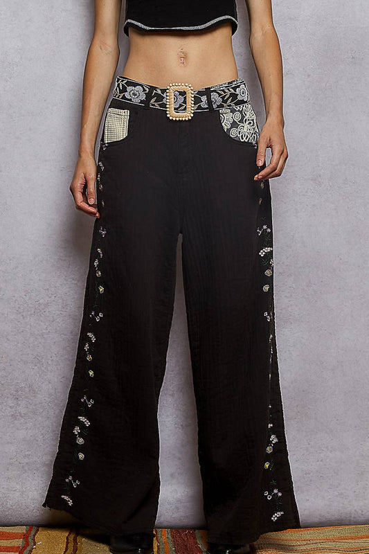 Contrast lace detail double gauze woven pants