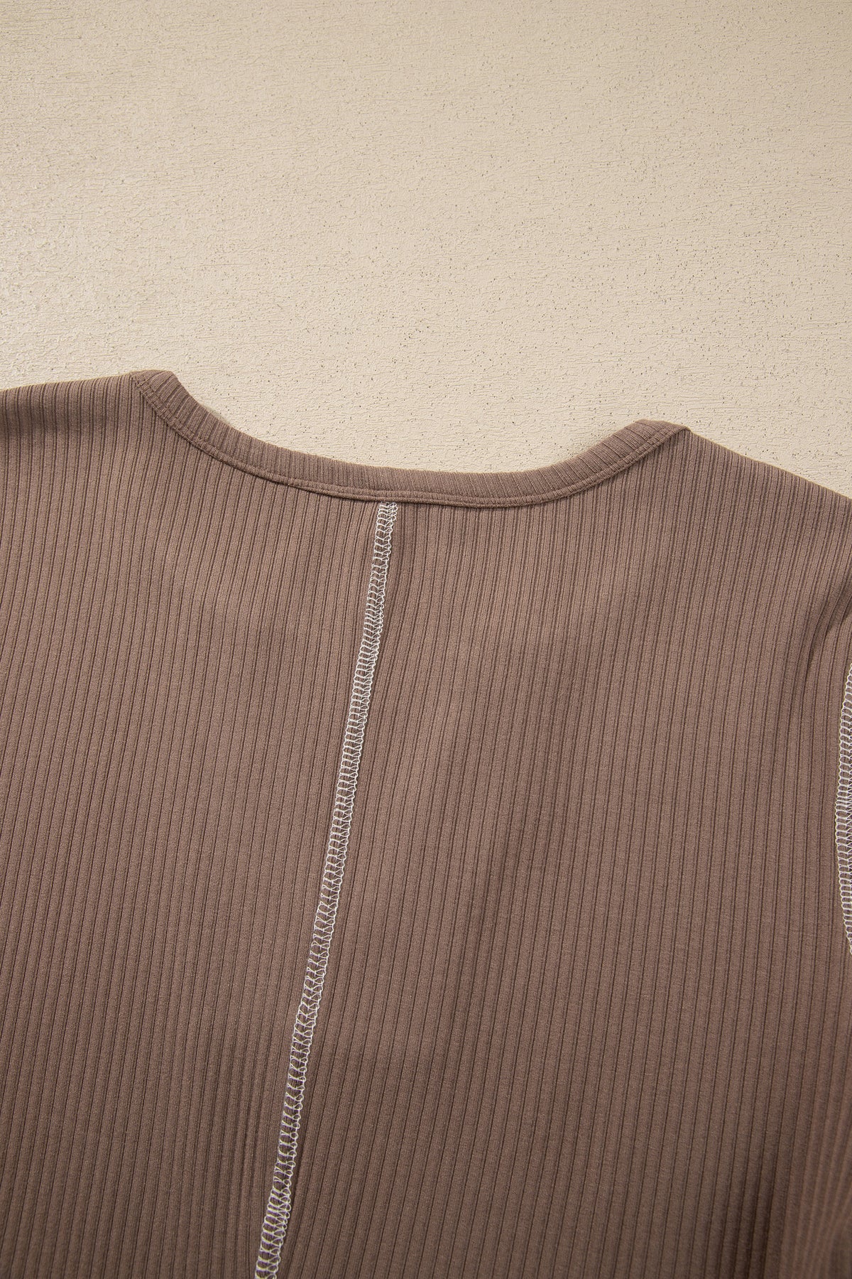 Dark Khaki V Neck Ribbed Long Sleeve Top