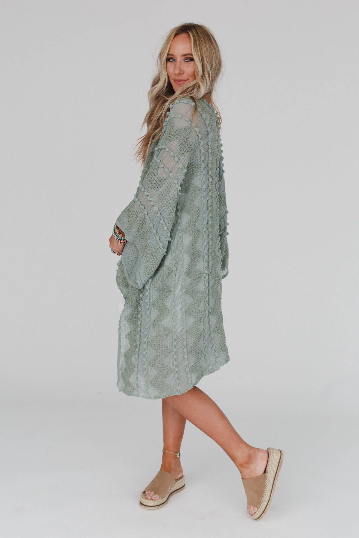 Bali Embroidered Kimono - Sage: OS