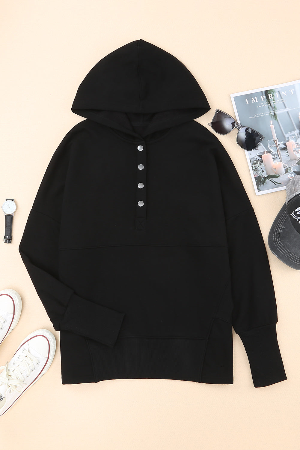 Gray Batwing Sleeve Pocketed Henley Hoodie