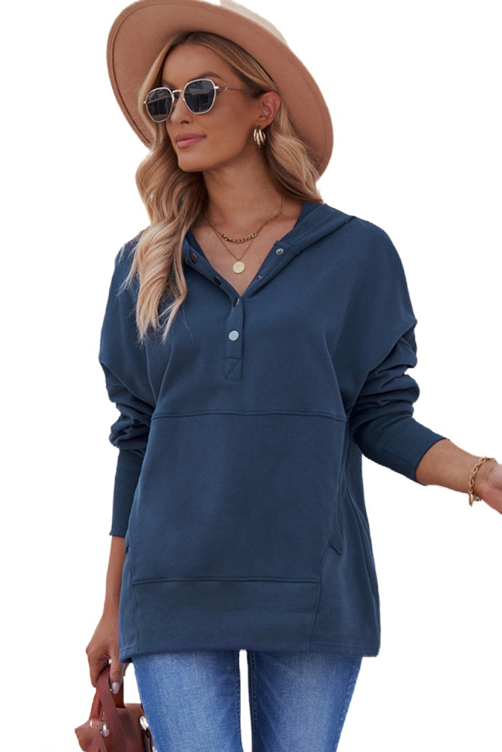 Gray Batwing Sleeve Pocketed Henley Hoodie