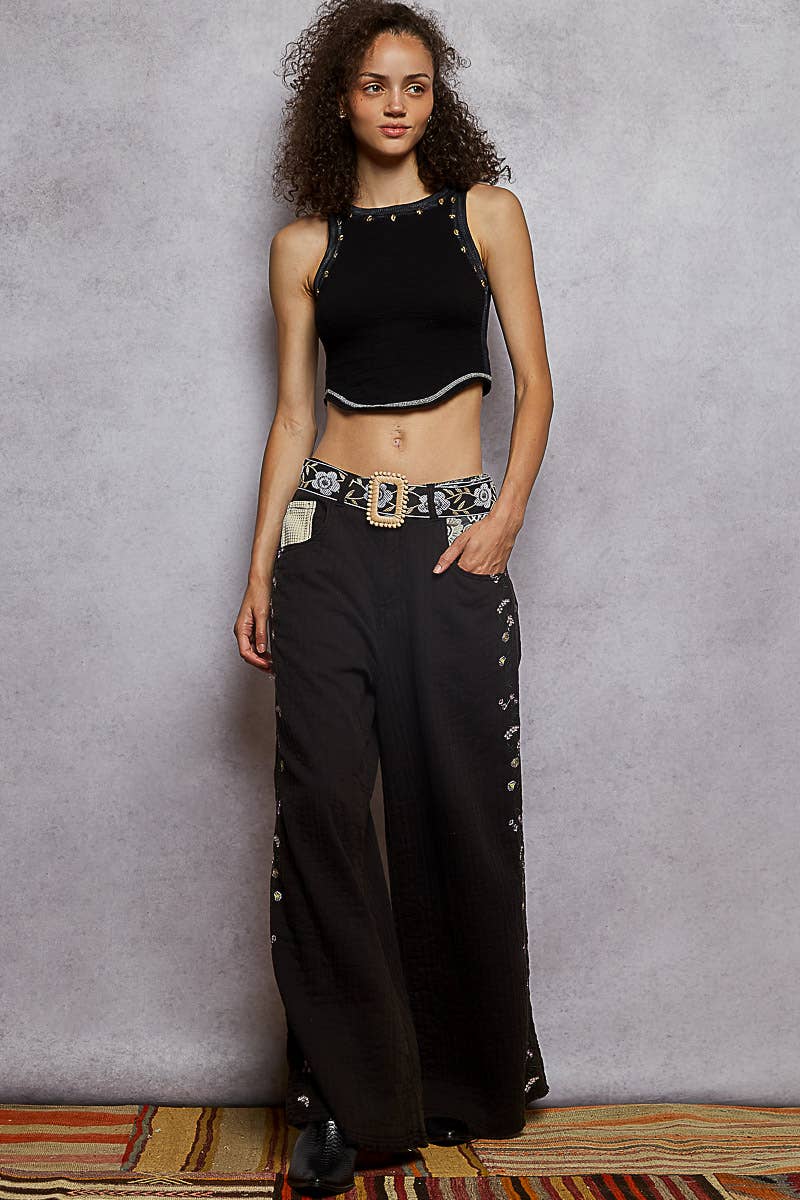 Contrast lace detail double gauze woven pants