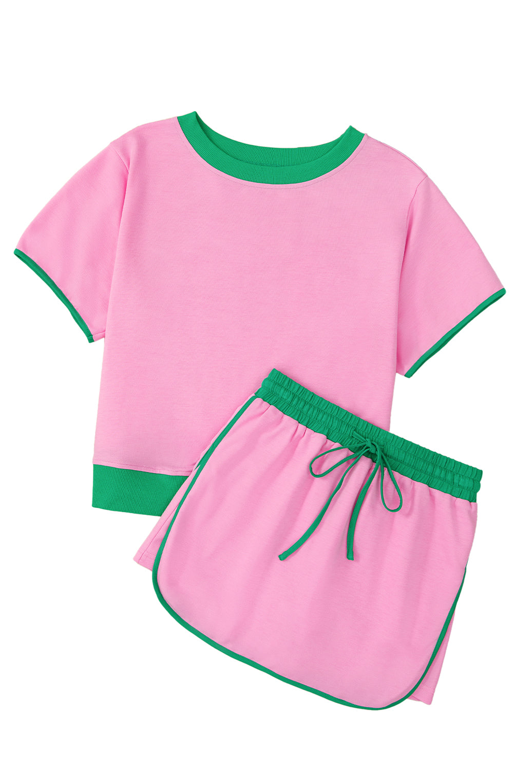 Rose Red Colorblock Edge Drop Shoulder T Shirt and Skort 2Pcs Set