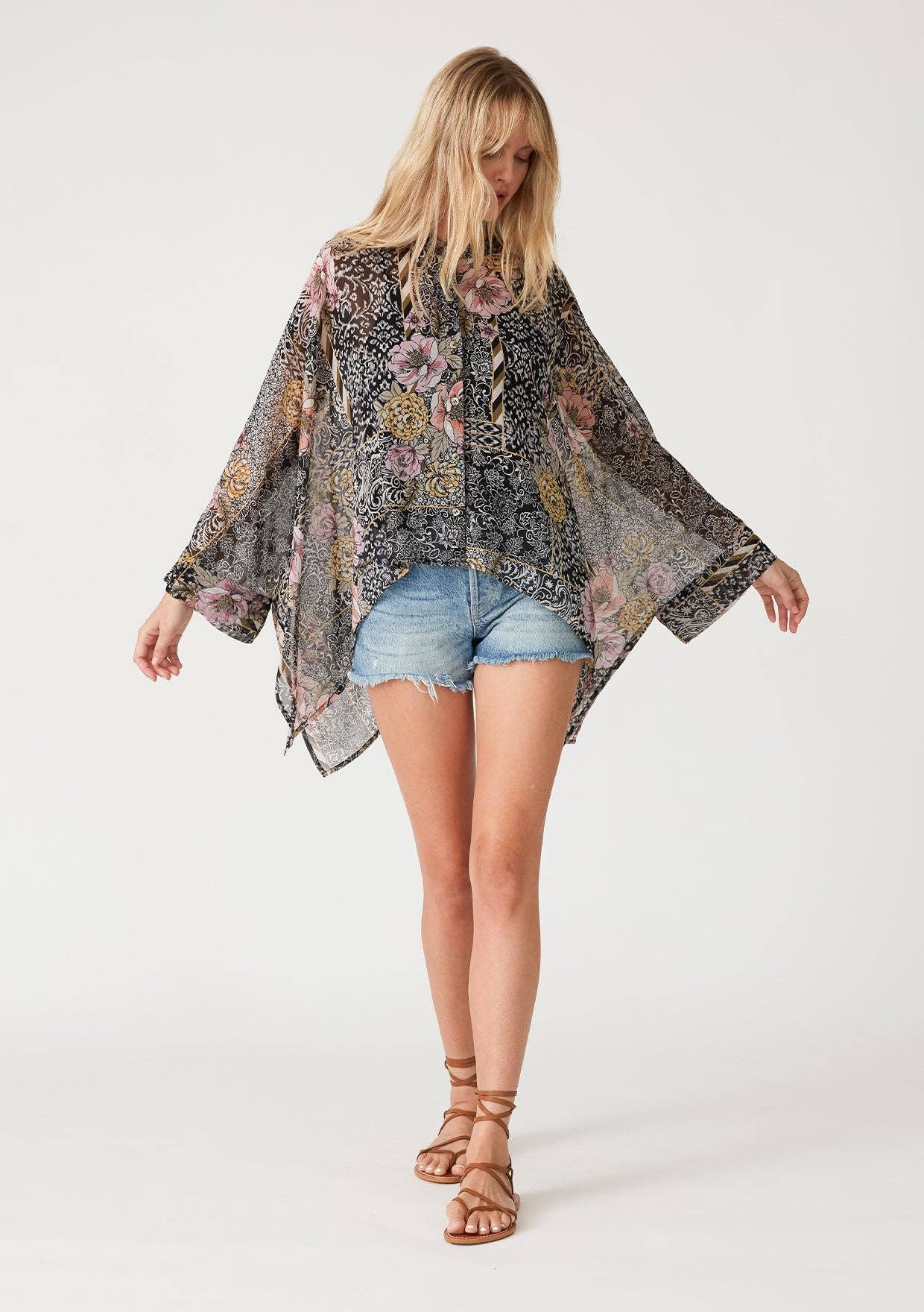 Sheer Floral Asymmetric Button Front Blouse: Black/Dusty Peach