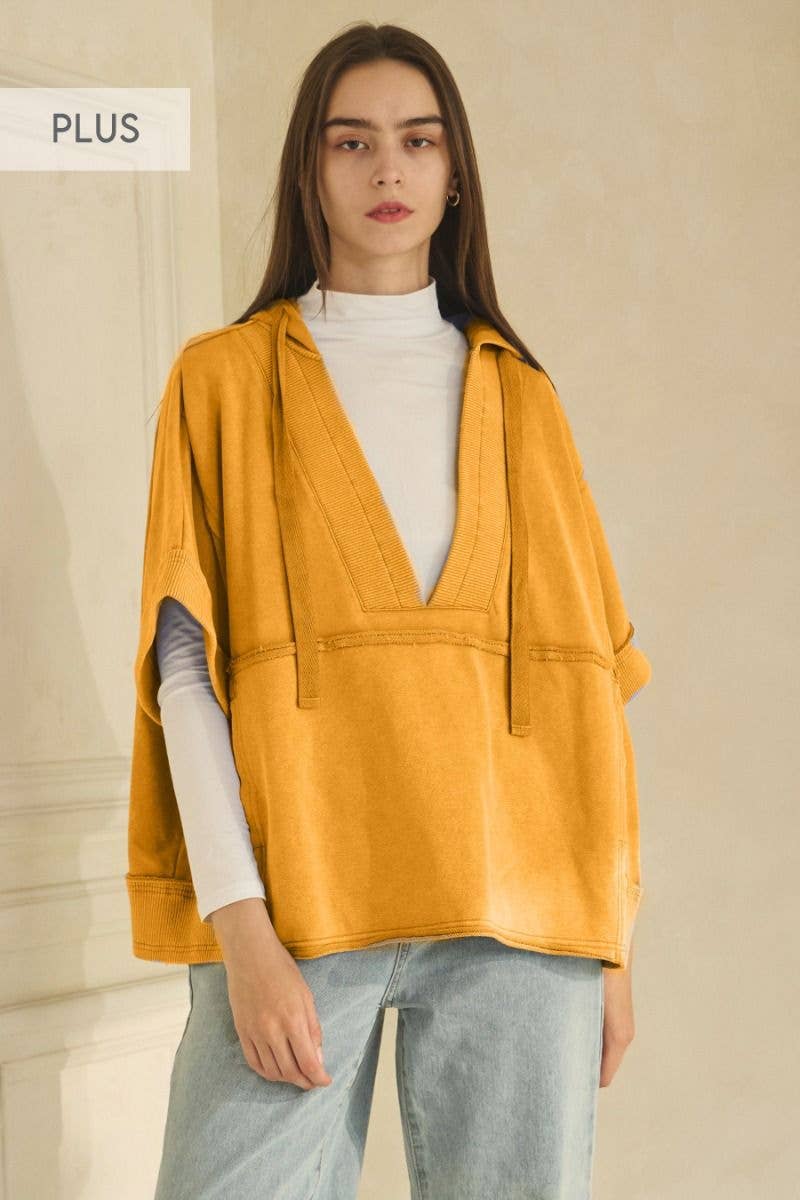 Acid Washed Deep V-neck Hooded Pullover: Washed Mustard / L