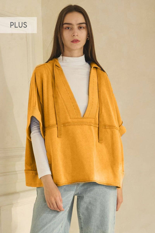 Acid Washed Deep V-neck Hooded Pullover: Washed Mustard / S