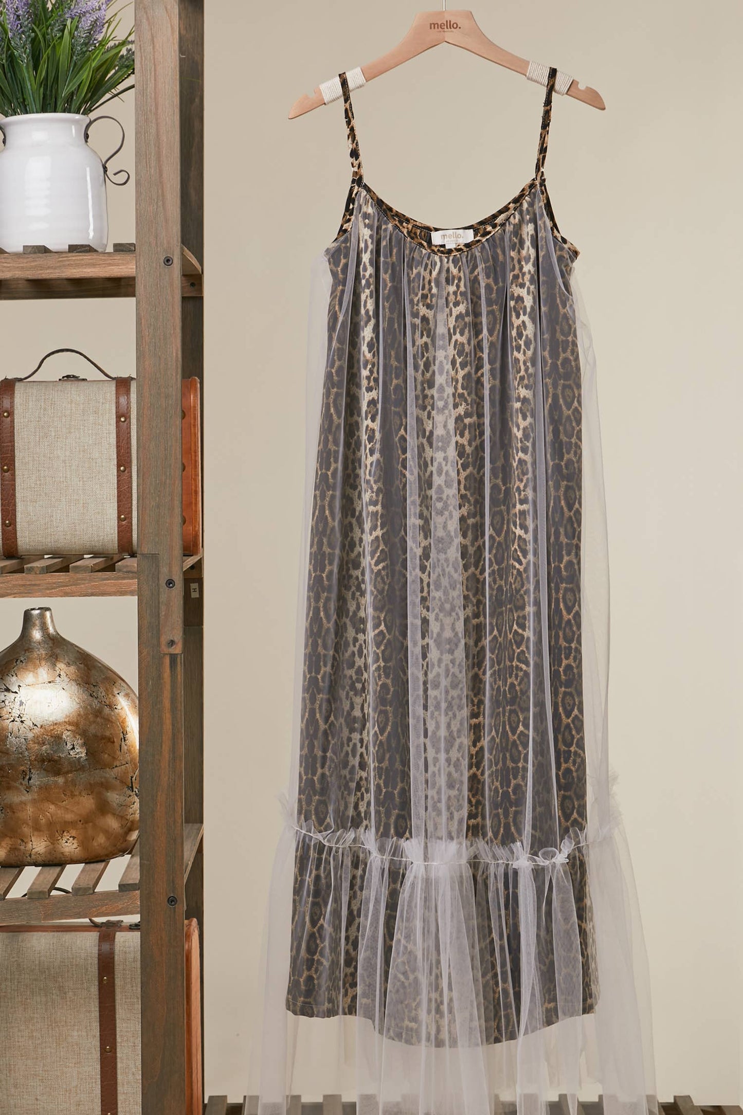 LEOPARD PRINT MESH DRESS WITH TULLE OVERLAY
