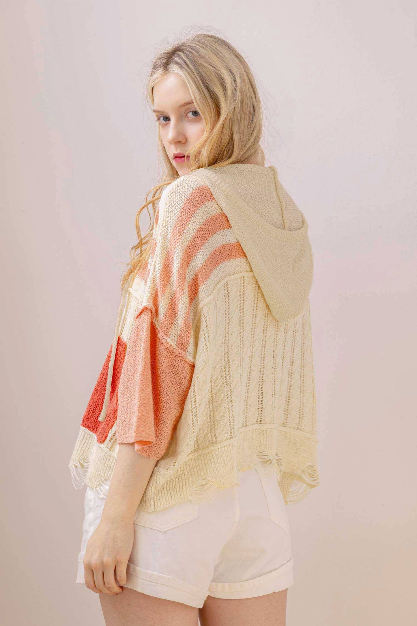 Stripe Distressed Knit Hoodie Coral