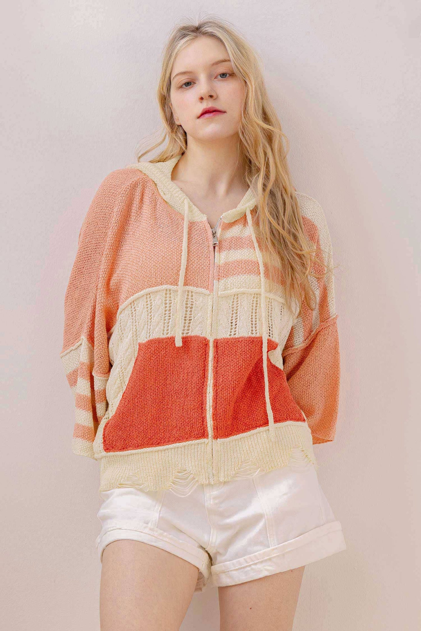 Stripe Distressed Knit Hoodie Coral