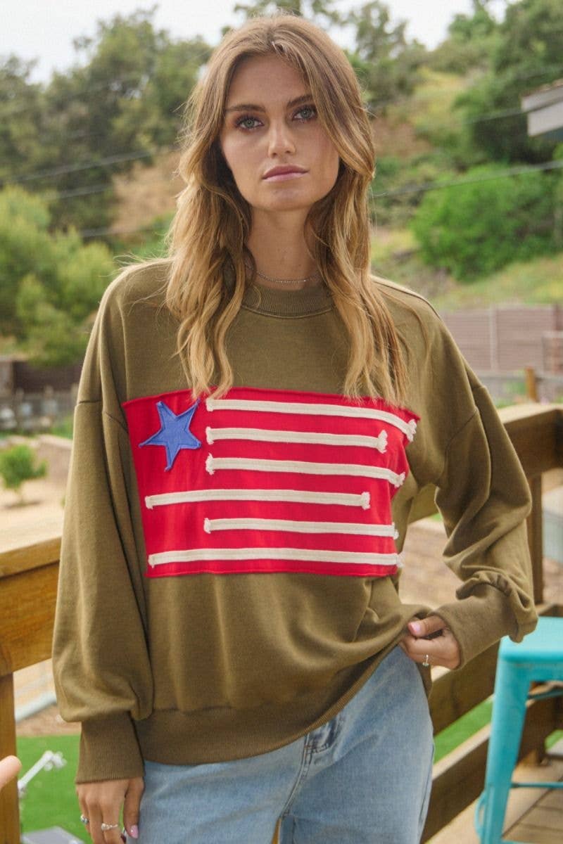 Acid Washed Flag Patch Sweatshirt: Washed DK Navy / M