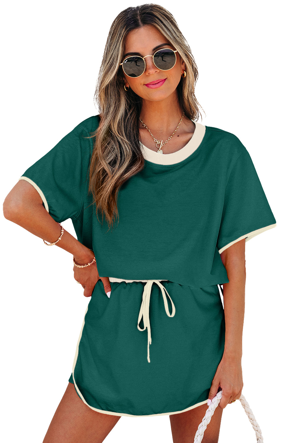 Rose Red Colorblock Edge Drop Shoulder T Shirt and Skort 2Pcs Set