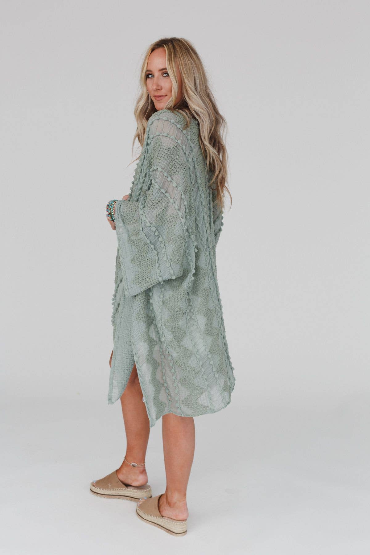 Bali Embroidered Kimono - Sage: OS