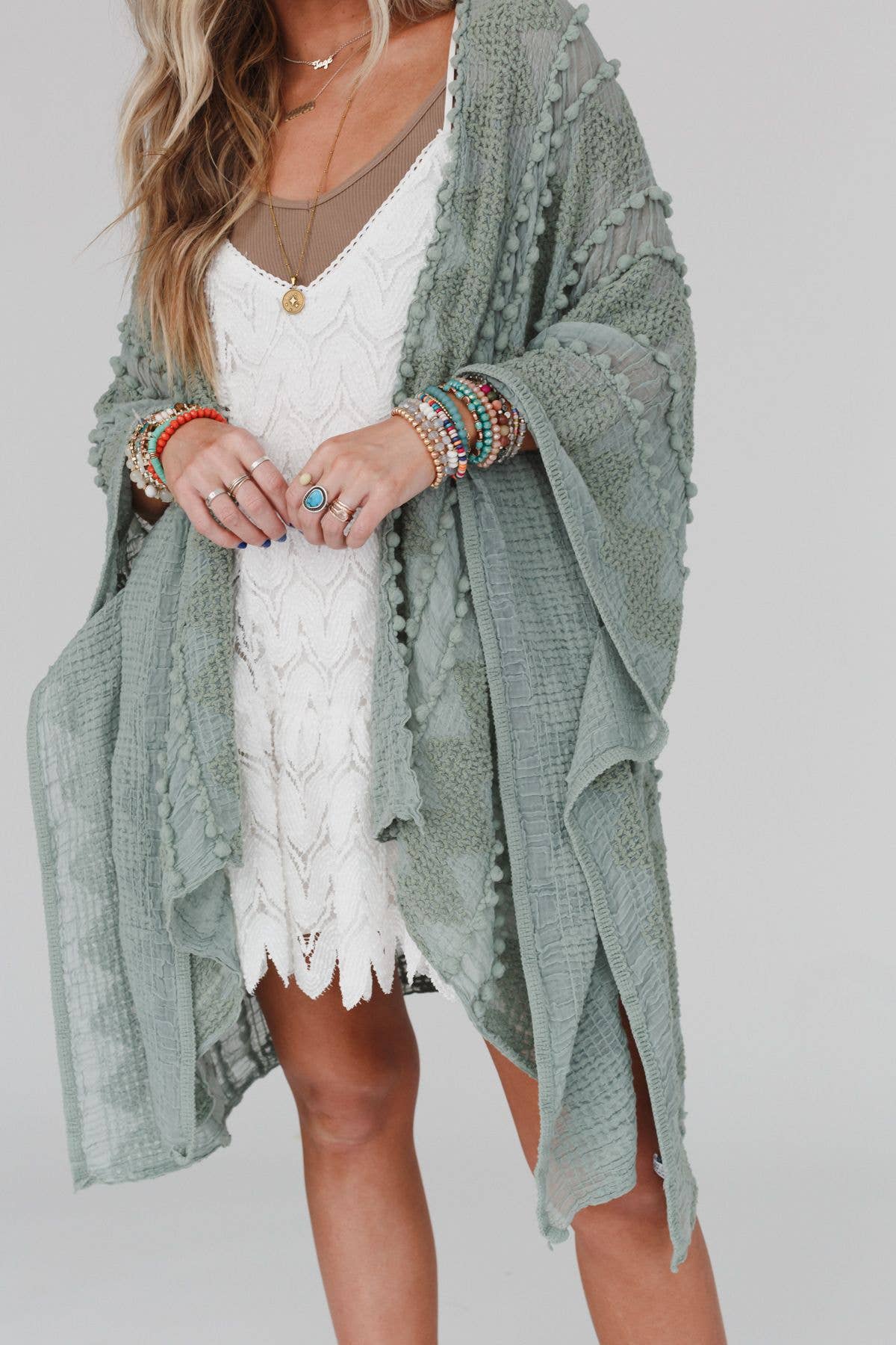 Bali Embroidered Kimono - Sage: OS