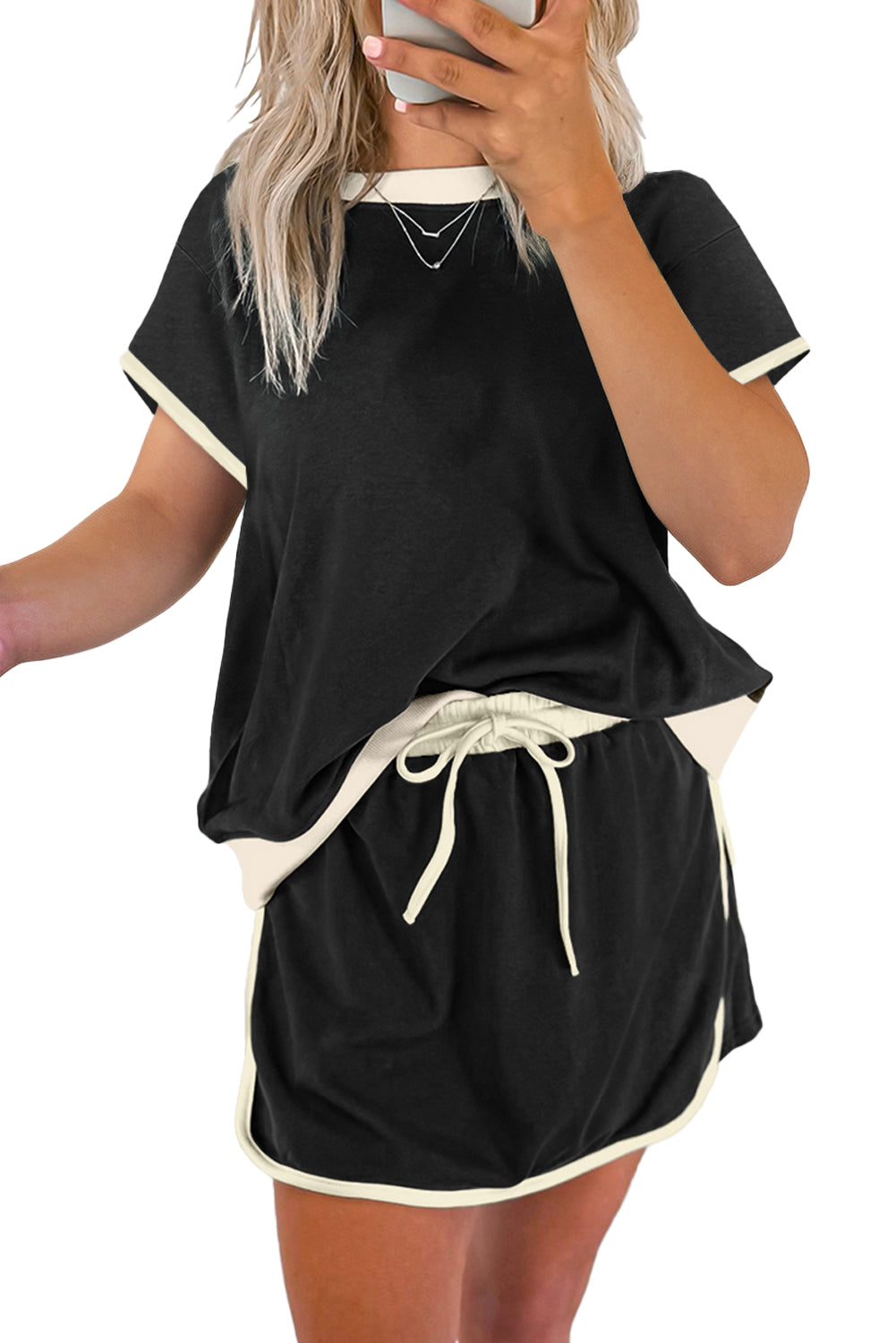 Rose Red Colorblock Edge Drop Shoulder T Shirt and Skort 2Pcs Set