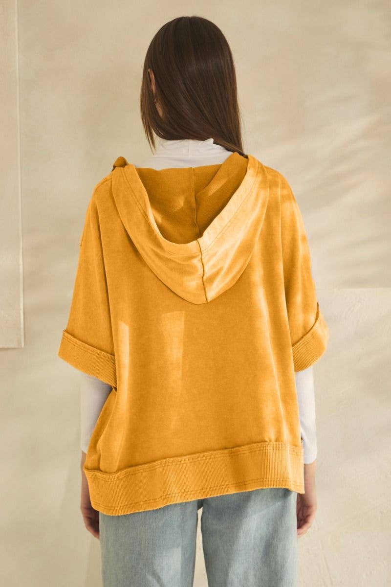 Acid Washed Deep V-neck Hooded Pullover: Washed Mustard / M