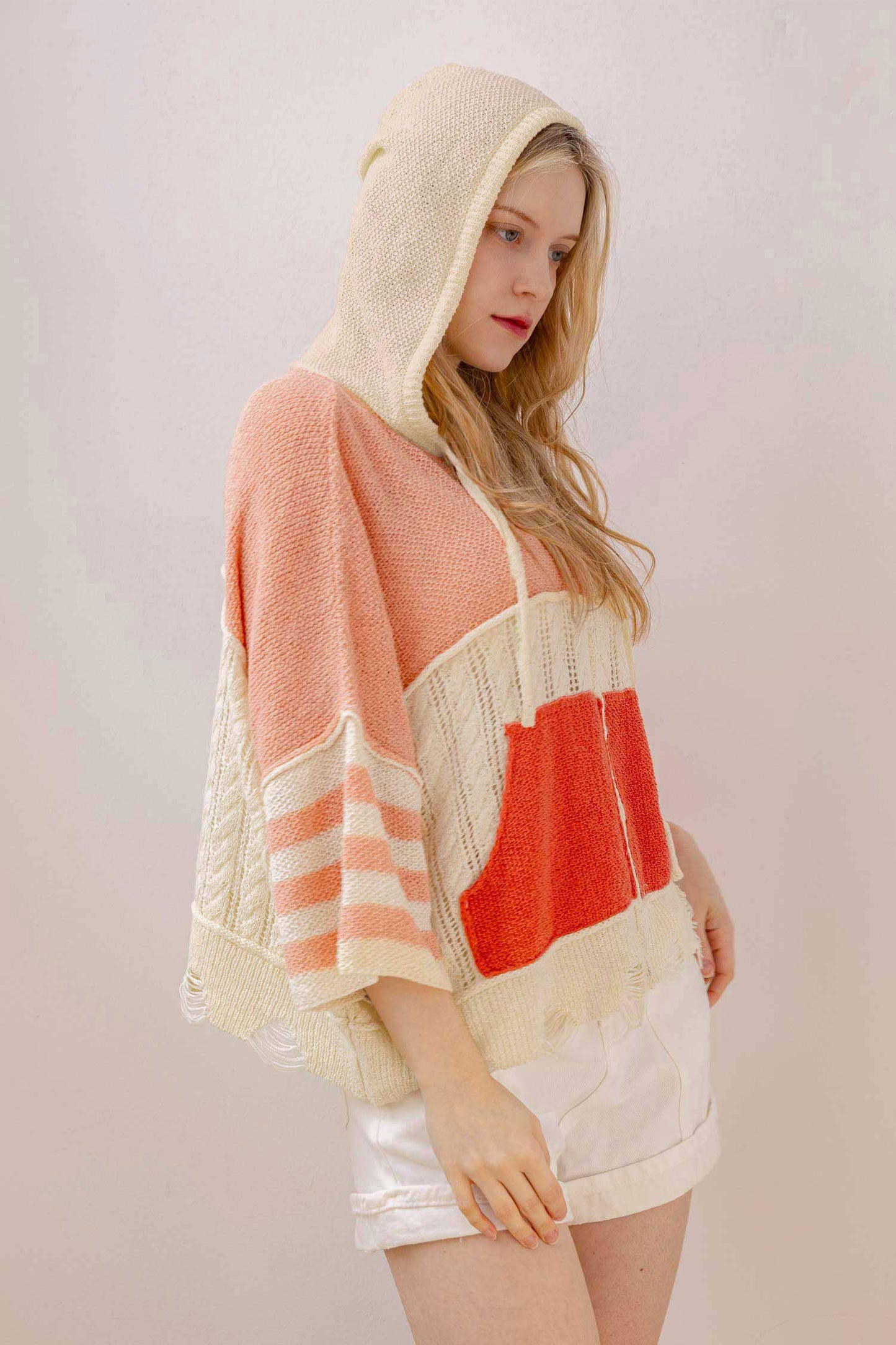 Stripe Distressed Knit Hoodie Coral