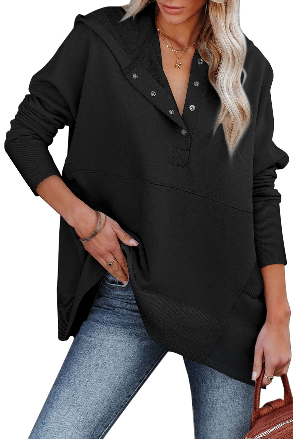 Gray Batwing Sleeve Pocketed Henley Hoodie