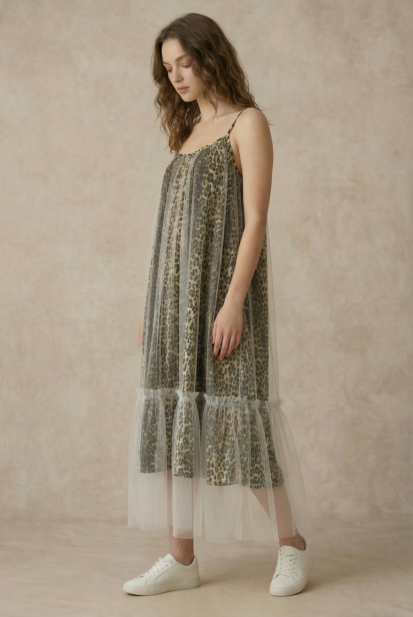 LEOPARD PRINT MESH DRESS WITH TULLE OVERLAY