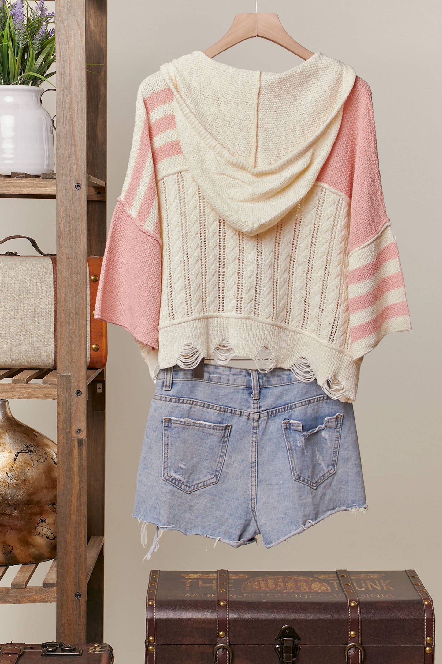 Stripe Distressed Knit Hoodie Coral