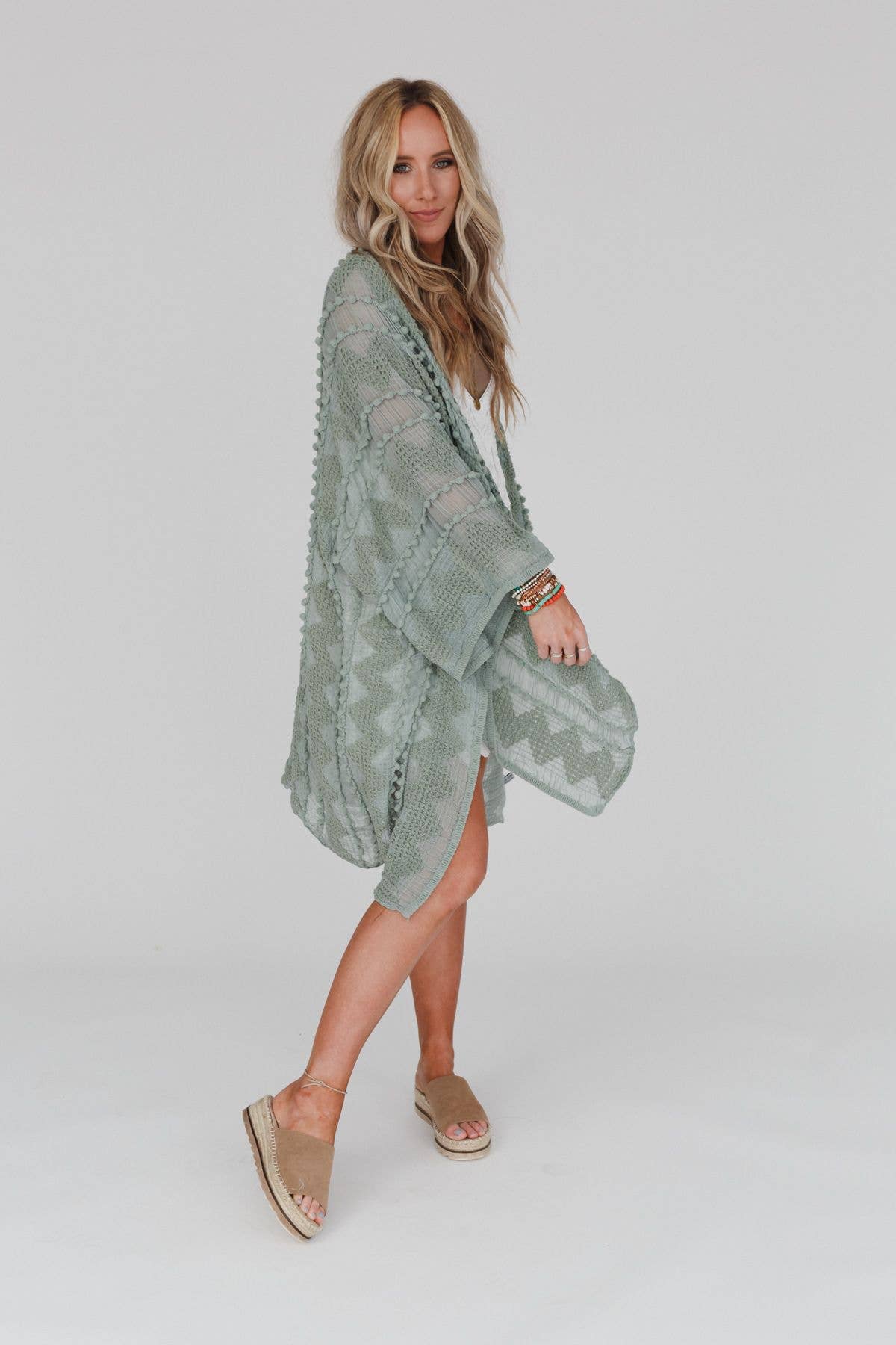 Bali Embroidered Kimono - Sage: OS
