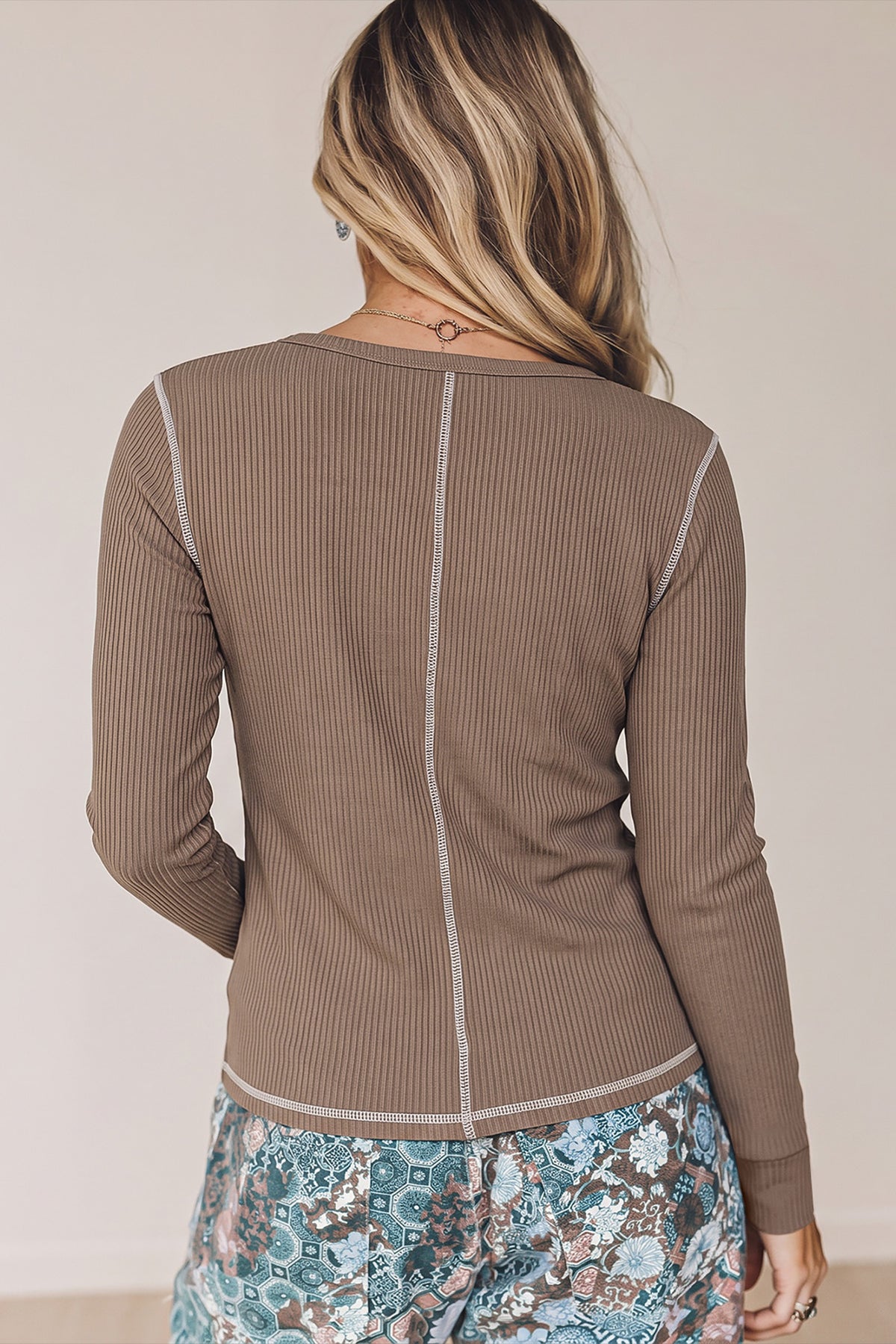 Dark Khaki V Neck Ribbed Long Sleeve Top