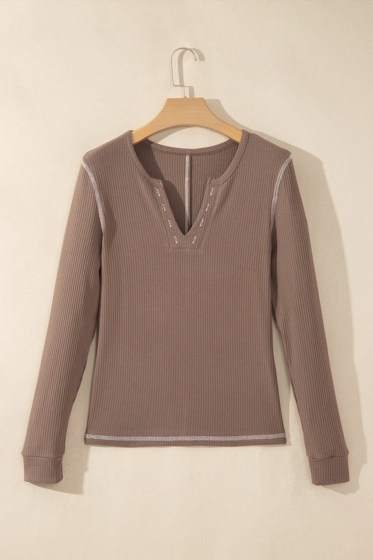 Dark Khaki V Neck Ribbed Long Sleeve Top