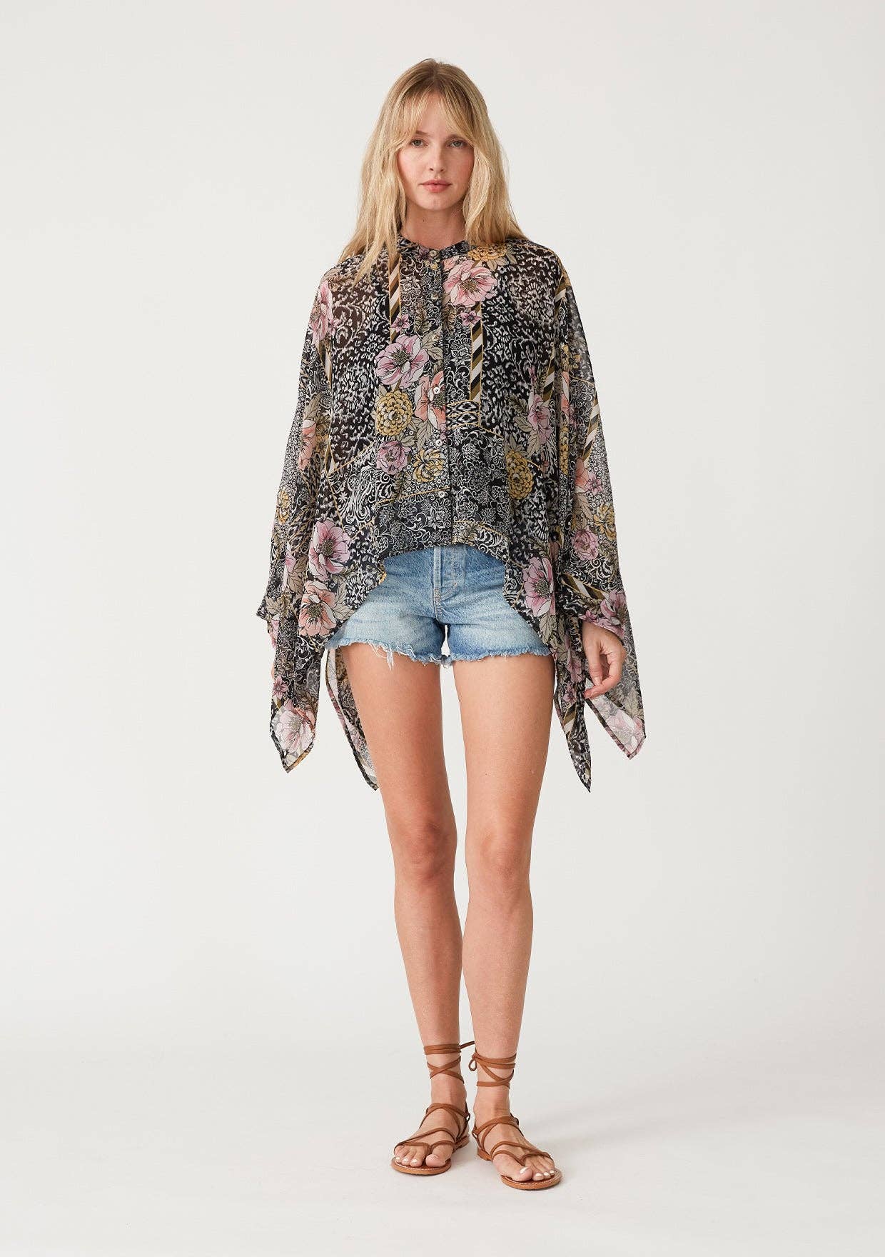 Sheer Floral Asymmetric Button Front Blouse: Black/Dusty Peach