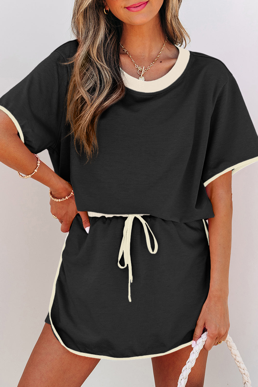 Rose Red Colorblock Edge Drop Shoulder T Shirt and Skort 2Pcs Set