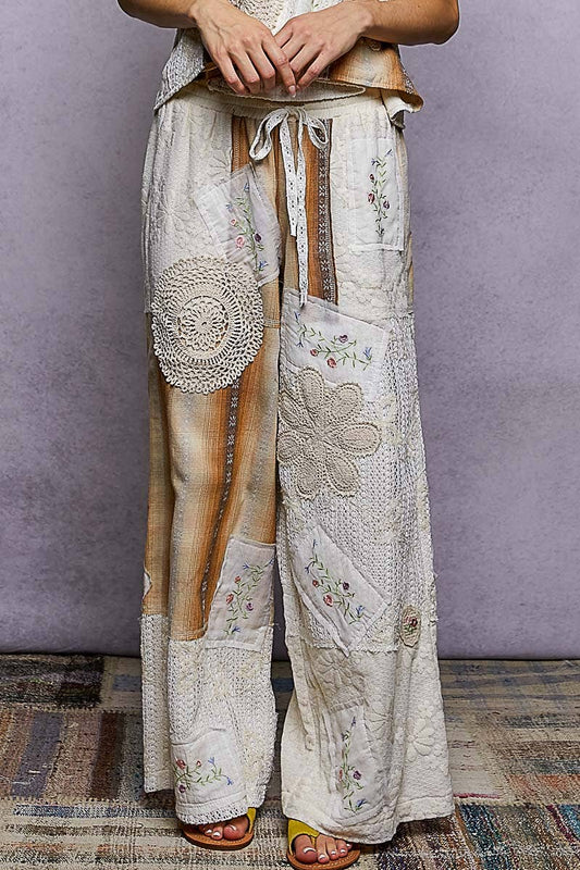 Solid Lace Patch Detail Woven Pants: MUSTARD PLAID