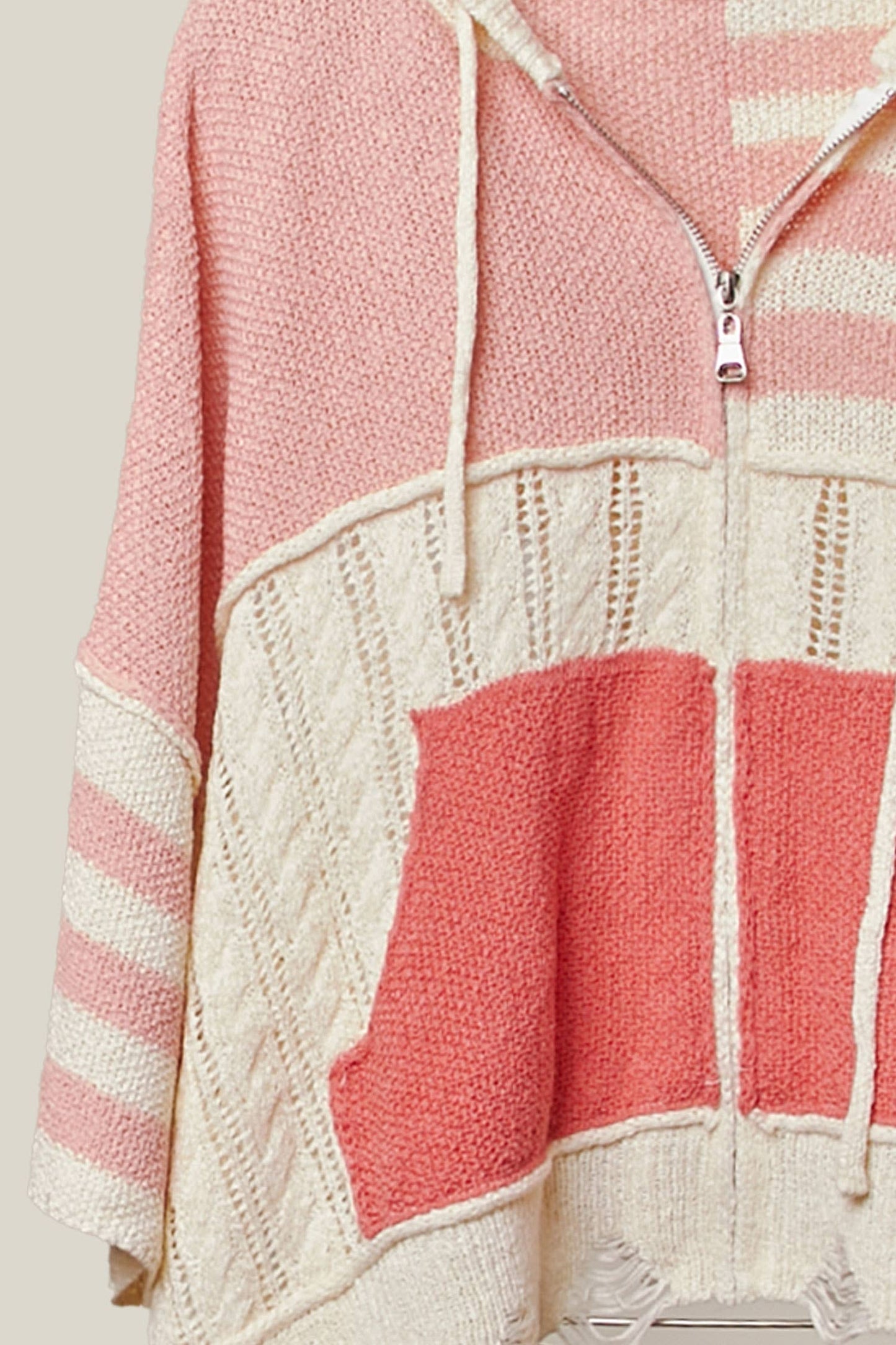 Stripe Distressed Knit Hoodie Coral