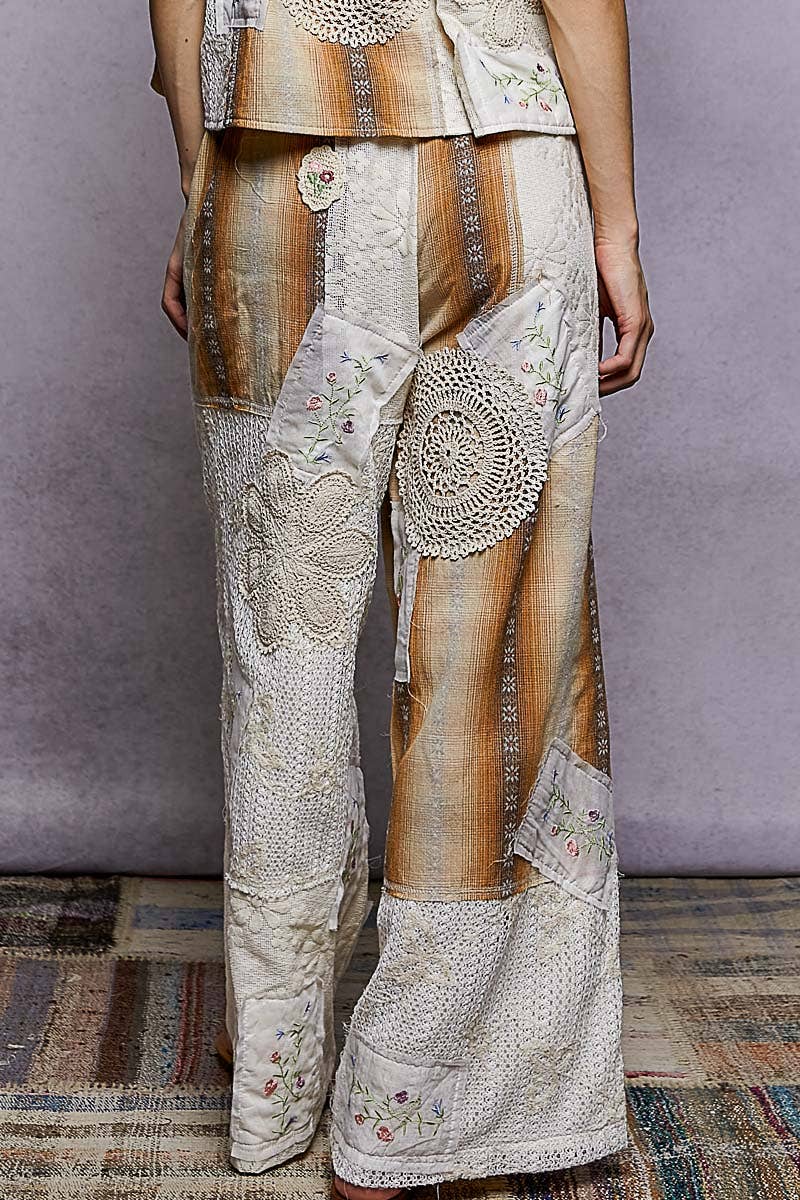 Solid Lace Patch Detail Woven Pants: MUSTARD PLAID