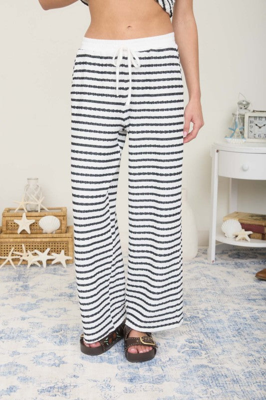 Textured Black and White Stripe Drawstring Wide Leg Pants