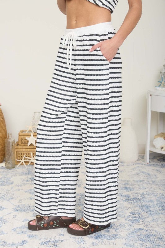 Textured Black and White Stripe Drawstring Wide Leg Pants